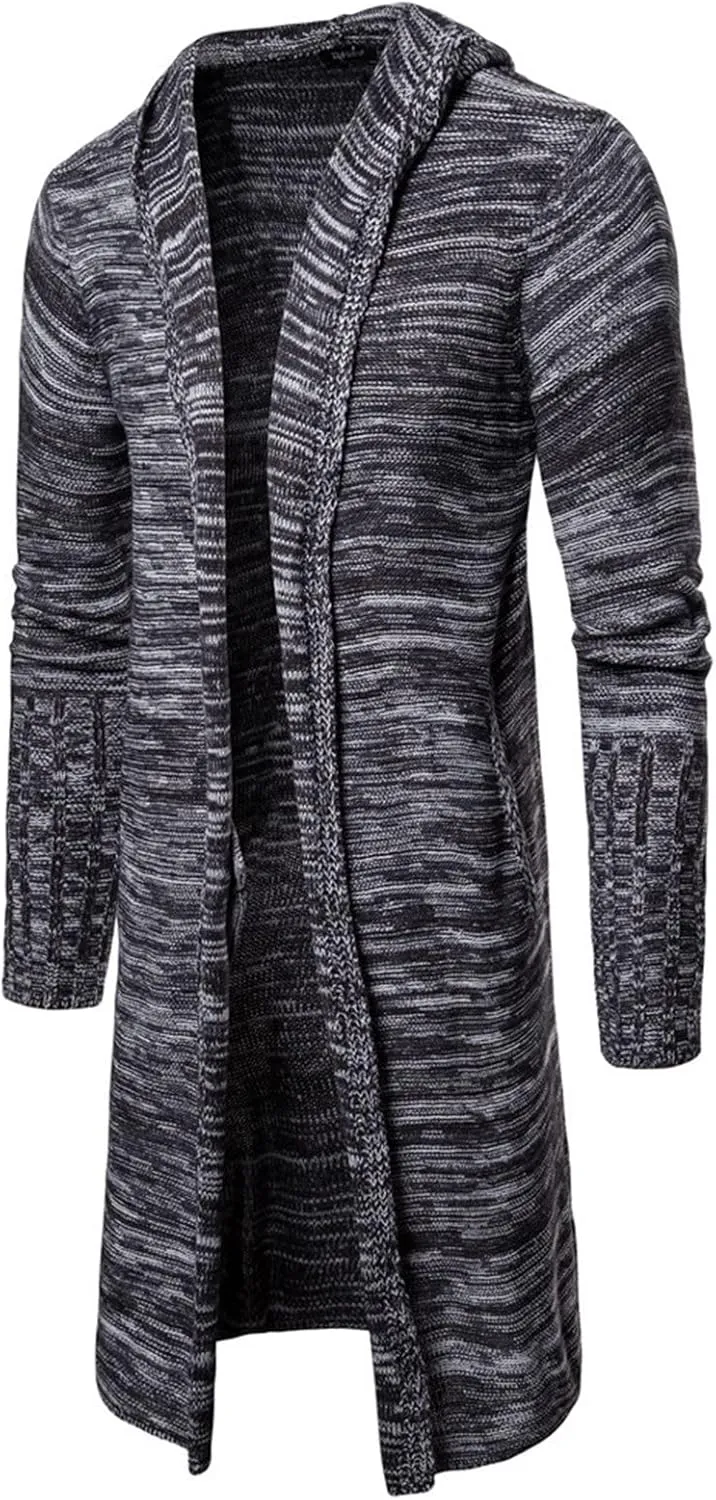 Kaxiya2021 Men's Hooded Knit Trench Coat Autumn Winter Long Sweater Cardigan Casual Slim Solid Color Open Front Outwear
