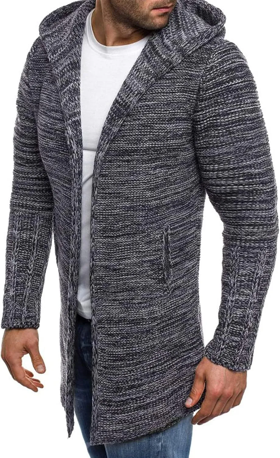 Kaxiya2021 Men's Hooded Knit Trench Coat Autumn Winter Long Sweater Cardigan Casual Slim Solid Color Open Front Outwear