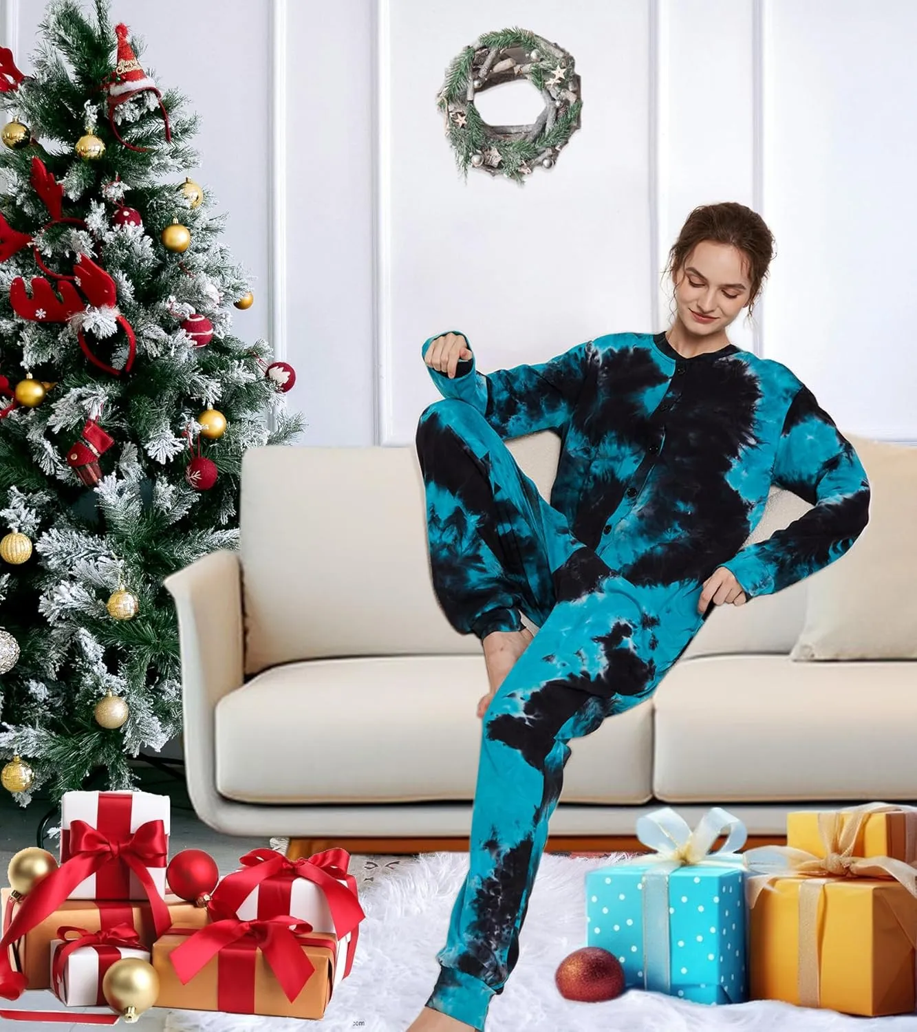 Kgromfy Comfy Onesie Pajamas for Women Tie Dye Sleepwear One Piece with Drop Seat Butt Flap Homewear Jumpsuit