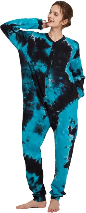 Kgromfy Comfy Onesie Pajamas for Women Tie Dye Sleepwear One Piece with Drop Seat Butt Flap Homewear Jumpsuit