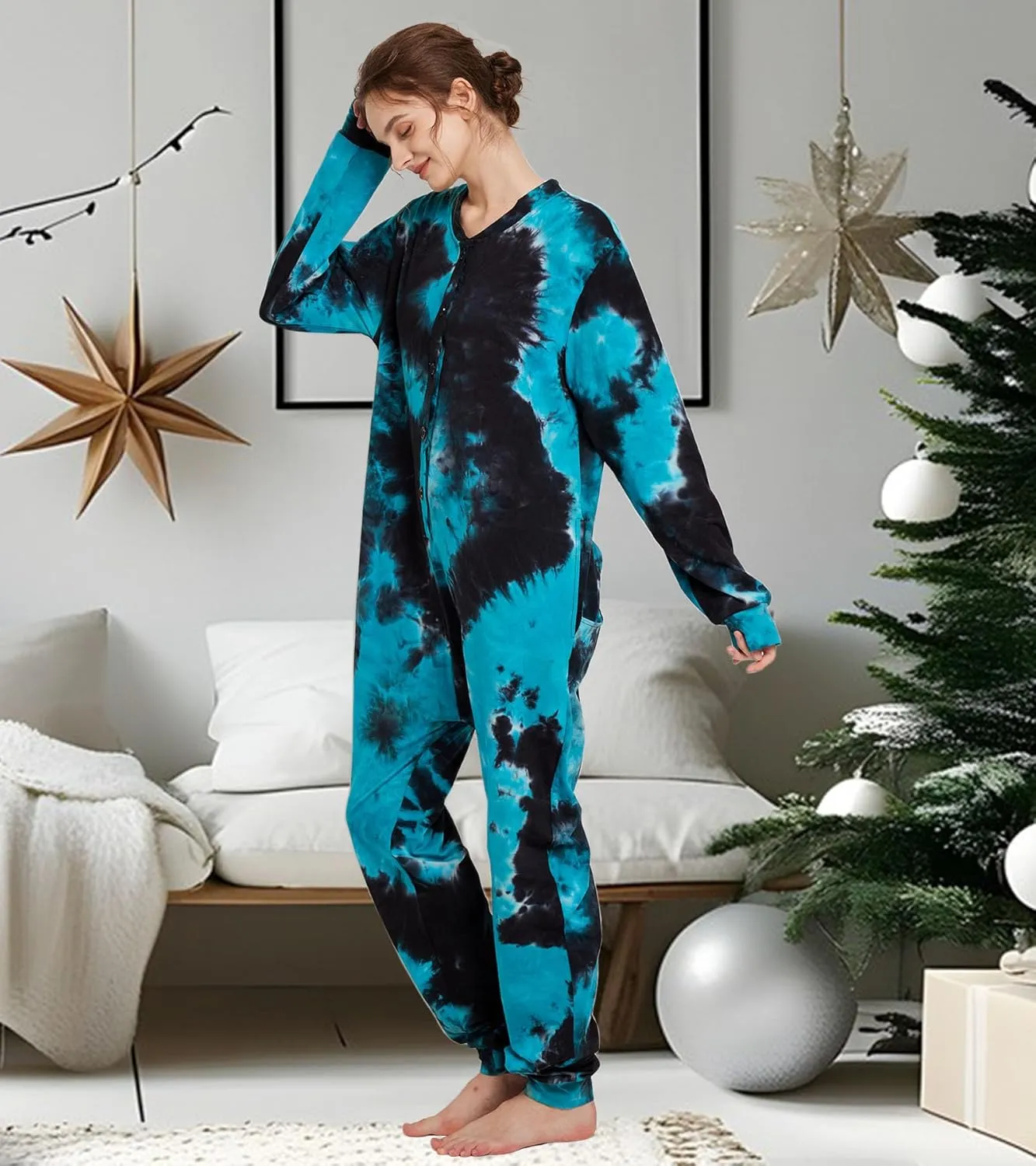 Kgromfy Comfy Onesie Pajamas for Women Tie Dye Sleepwear One Piece with Drop Seat Butt Flap Homewear Jumpsuit