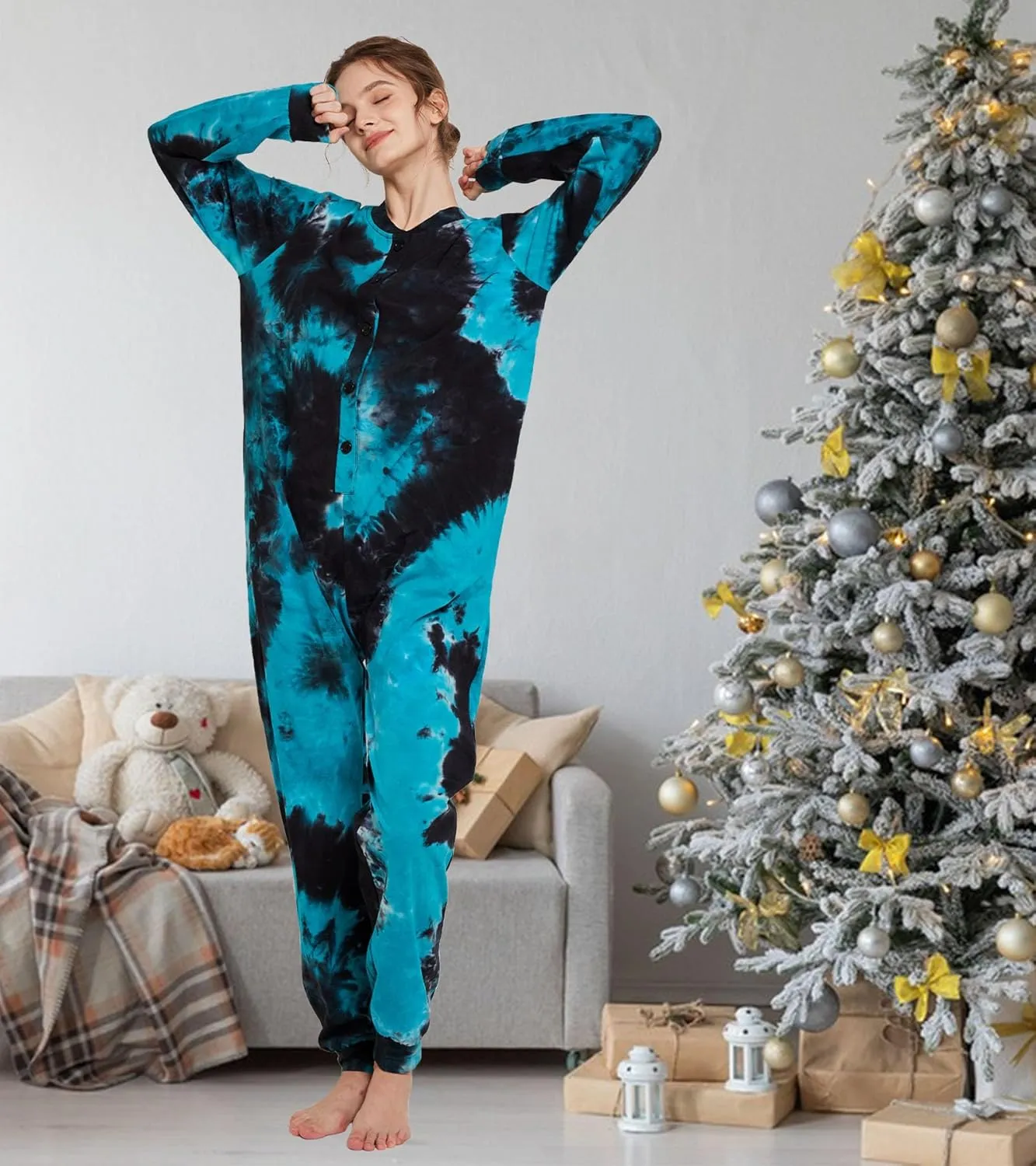 Kgromfy Comfy Onesie Pajamas for Women Tie Dye Sleepwear One Piece with Drop Seat Butt Flap Homewear Jumpsuit