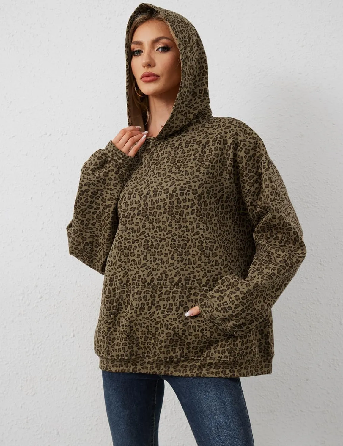 Leopard Print Hoodies for Women Oversized Cheetah Printed Hooded Pullover 2000s Y2K Hoodie Sweatshirt 90s Streetwear