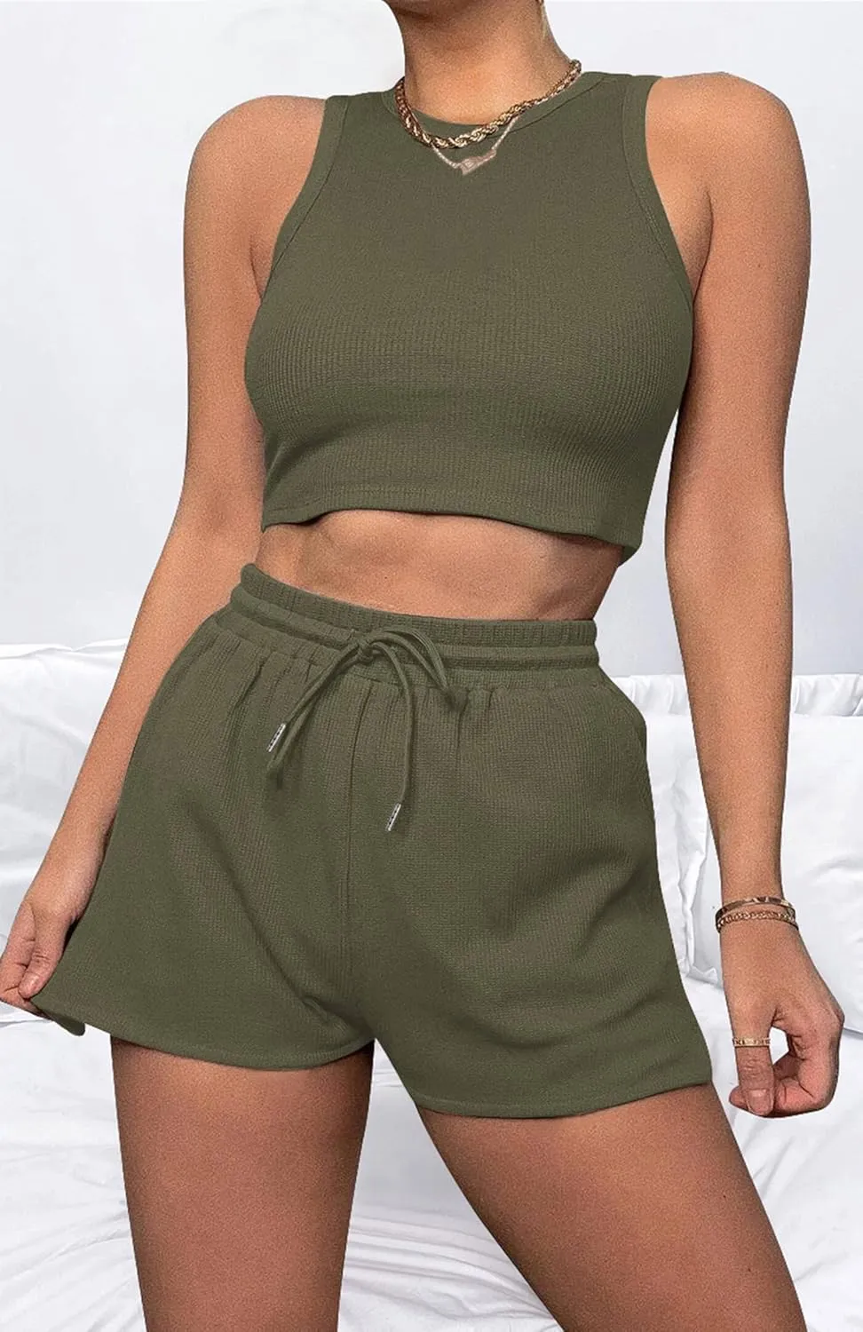 Lingswallow 2 Piece Women Lounge Sets - Sleeveless Crop Top and Shorts Waffle Lounge Set Tracksuits Sweatsuits for Women
