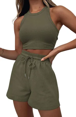 Lingswallow 2 Piece Women Lounge Sets - Sleeveless Crop Top and Shorts Waffle Lounge Set Tracksuits Sweatsuits for Women