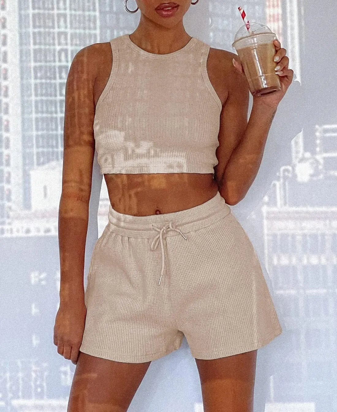 Lingswallow 2 Piece Women Lounge Sets - Sleeveless Crop Top and Shorts Waffle Lounge Set Tracksuits Sweatsuits for Women