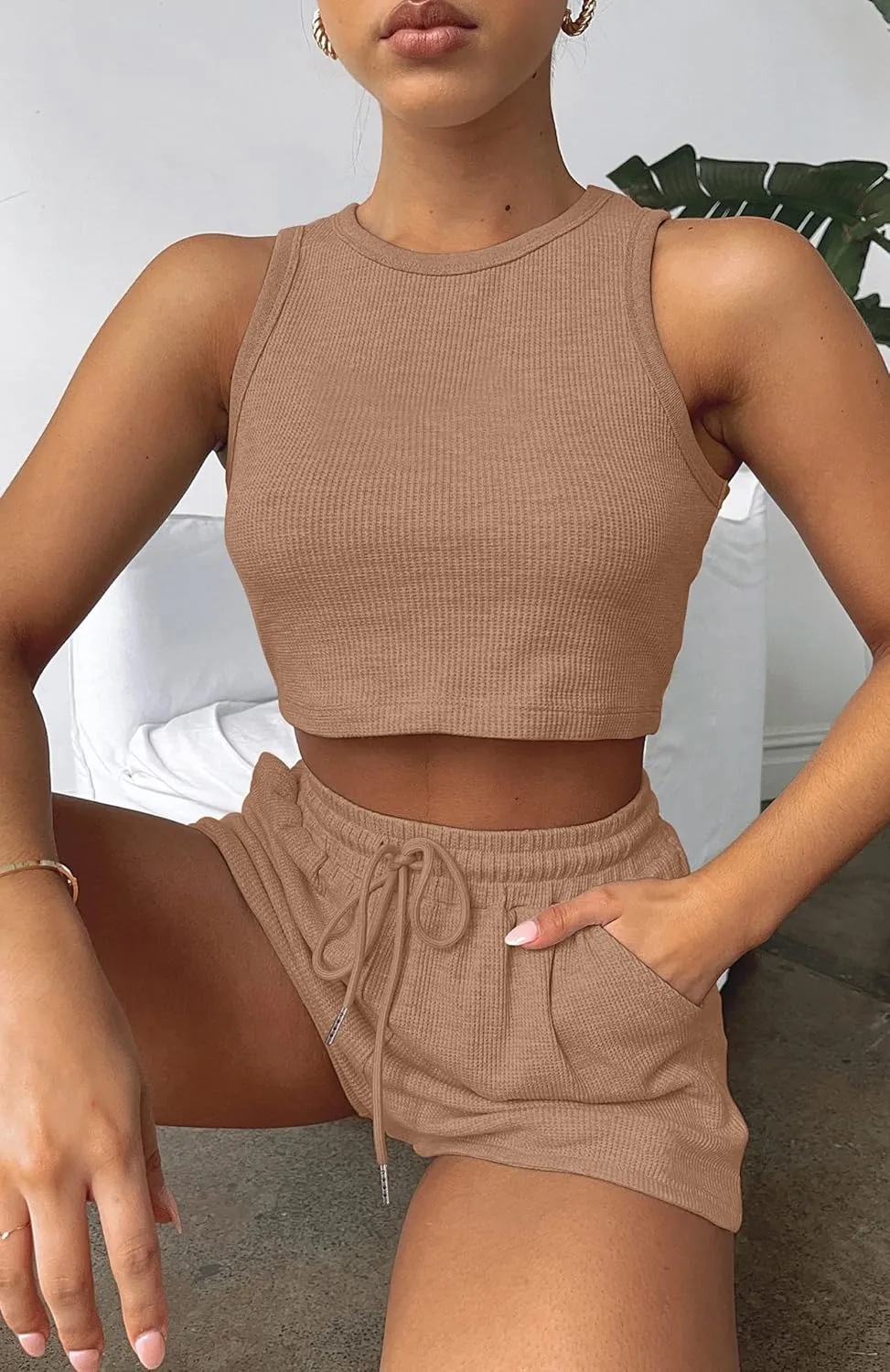 Lingswallow 2 Piece Women Lounge Sets - Sleeveless Crop Top and Shorts Waffle Lounge Set Tracksuits Sweatsuits for Women