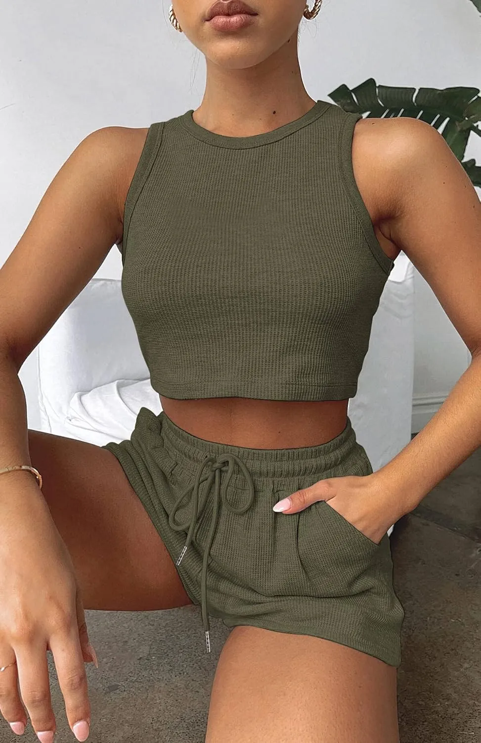 Lingswallow 2 Piece Women Lounge Sets - Sleeveless Crop Top and Shorts Waffle Lounge Set Tracksuits Sweatsuits for Women