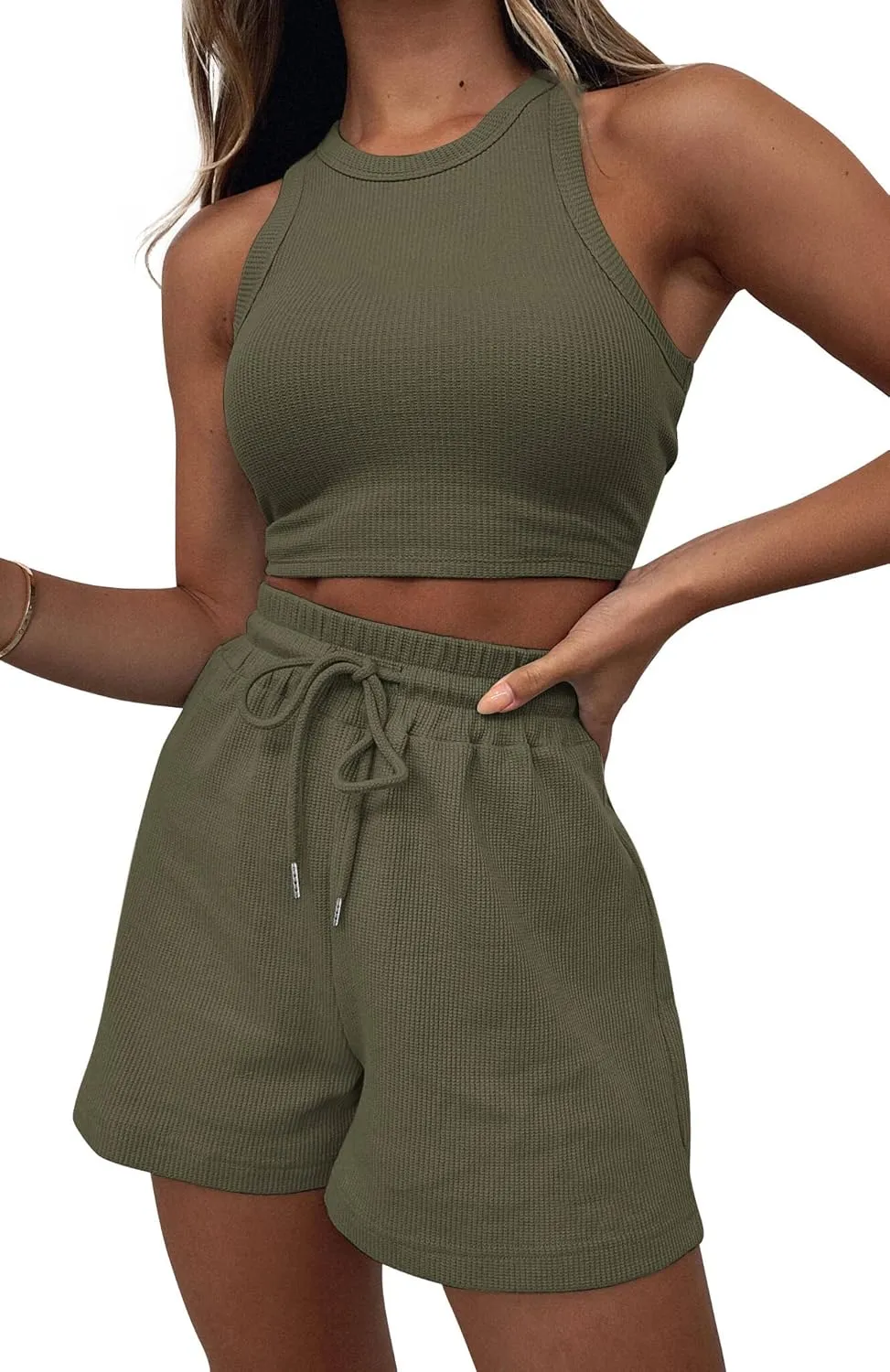 Lingswallow 2 Piece Women Lounge Sets - Sleeveless Crop Top and Shorts Waffle Lounge Set Tracksuits Sweatsuits for Women