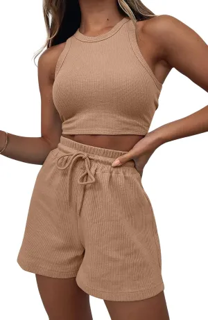 Lingswallow 2 Piece Women Lounge Sets - Sleeveless Crop Top and Shorts Waffle Lounge Set Tracksuits Sweatsuits for Women