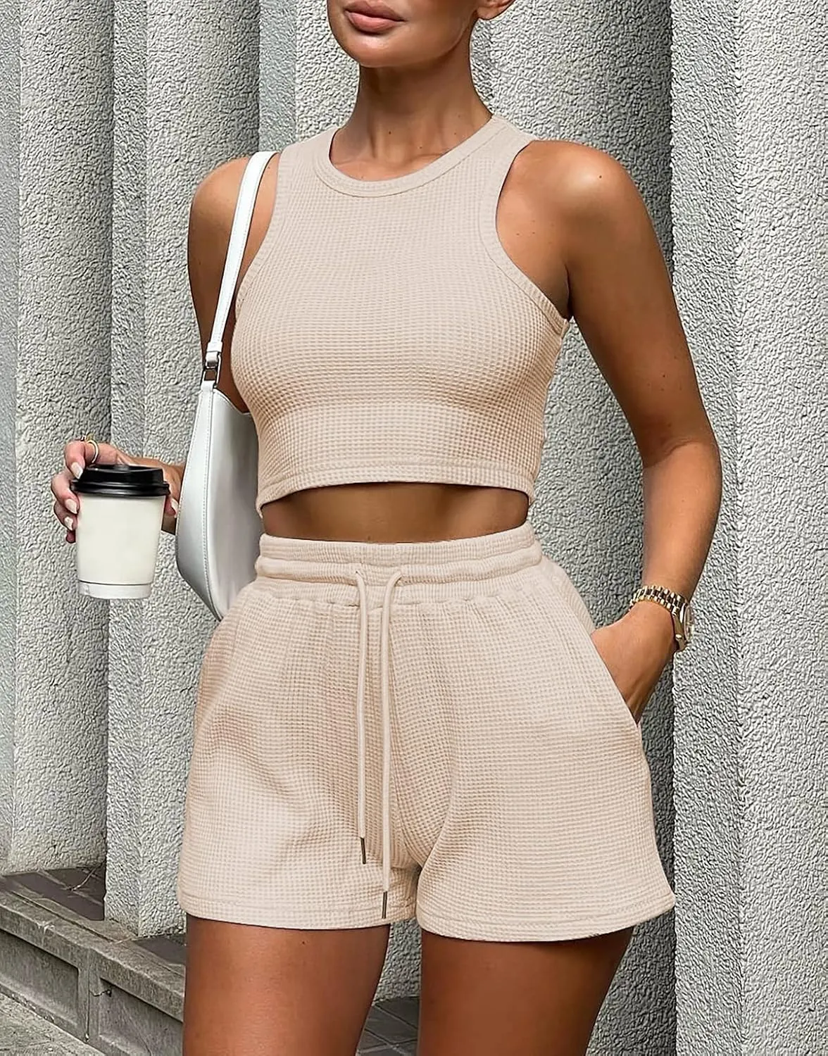 Lingswallow 2 Piece Women Lounge Sets - Sleeveless Crop Top and Shorts Waffle Lounge Set Tracksuits Sweatsuits for Women
