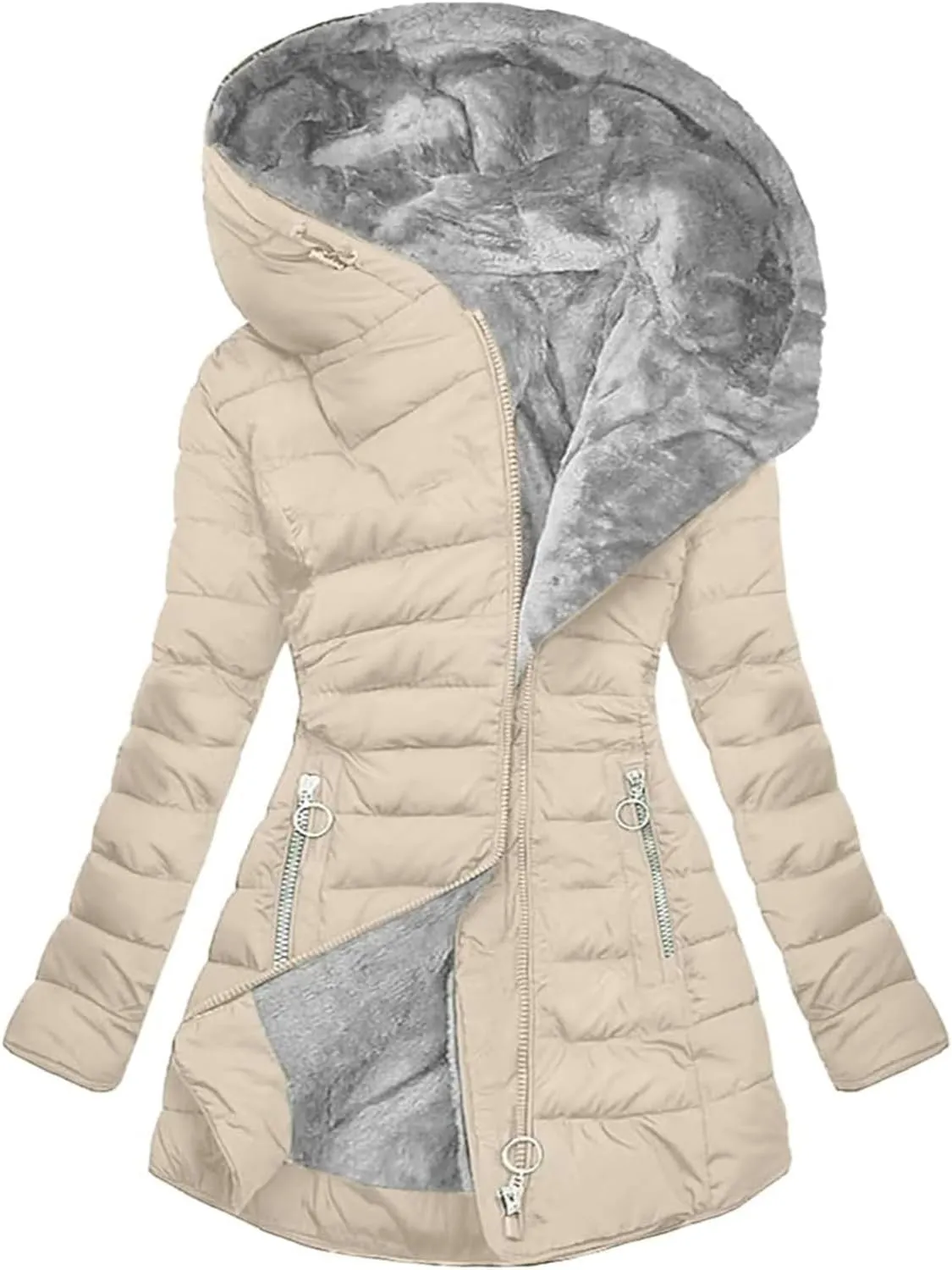 LIYUN Women's Hooded Coats Winter Fleece Coat Warm Jacket Zipper Sweatshirt With Zipper Down Jacket Jacket Thickened Hoodie Chic Outercoat With Pockets(Apricot,XX-Large)