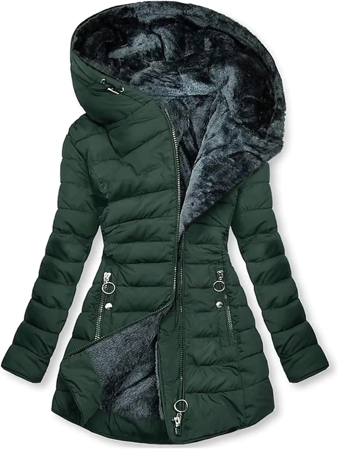 LIYUN Women's Winter Coat Warm Fleece Jacket Mid-Length Zippered Jacket With Hood Coat Outercoat Women's Winter Coat Warm Down Jacket Thick Parka Mid-Length Jacket Jacket With Hood(Green,X-Large)