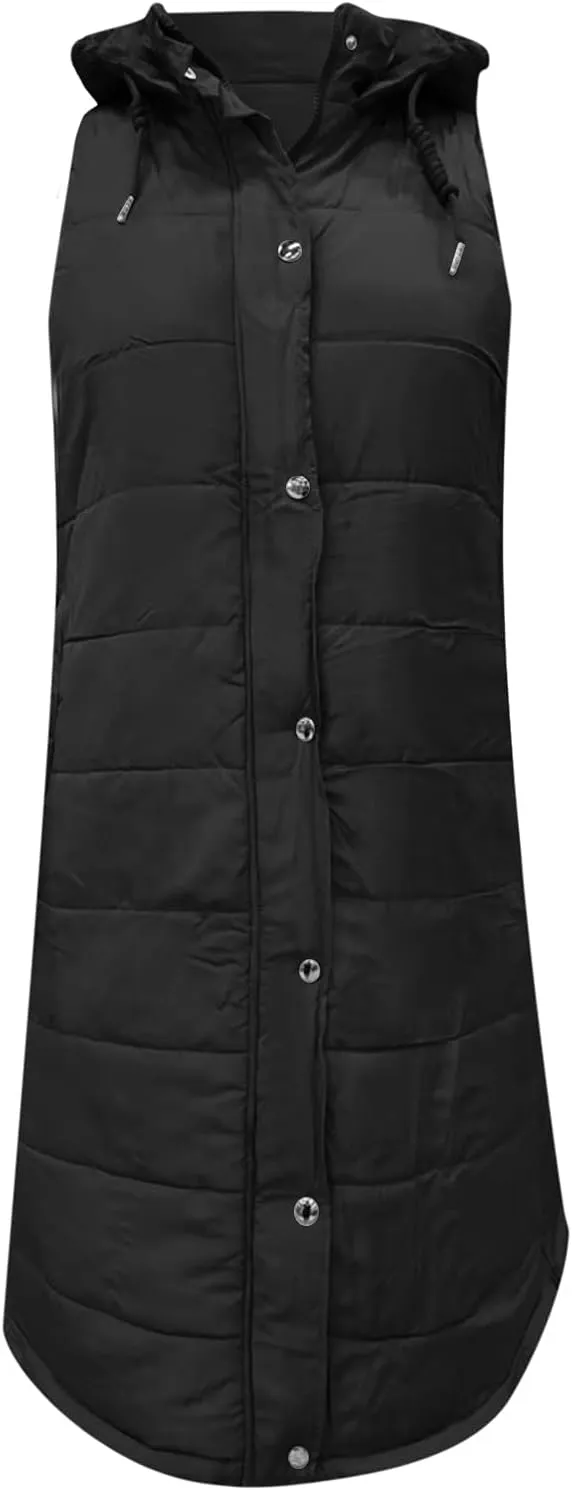 Long Puffer Vest Winter Coat Vest Hooded Sleeveless Warm Cotton Coat with Pockets Vest Cotton Quilted Down Hoodies
