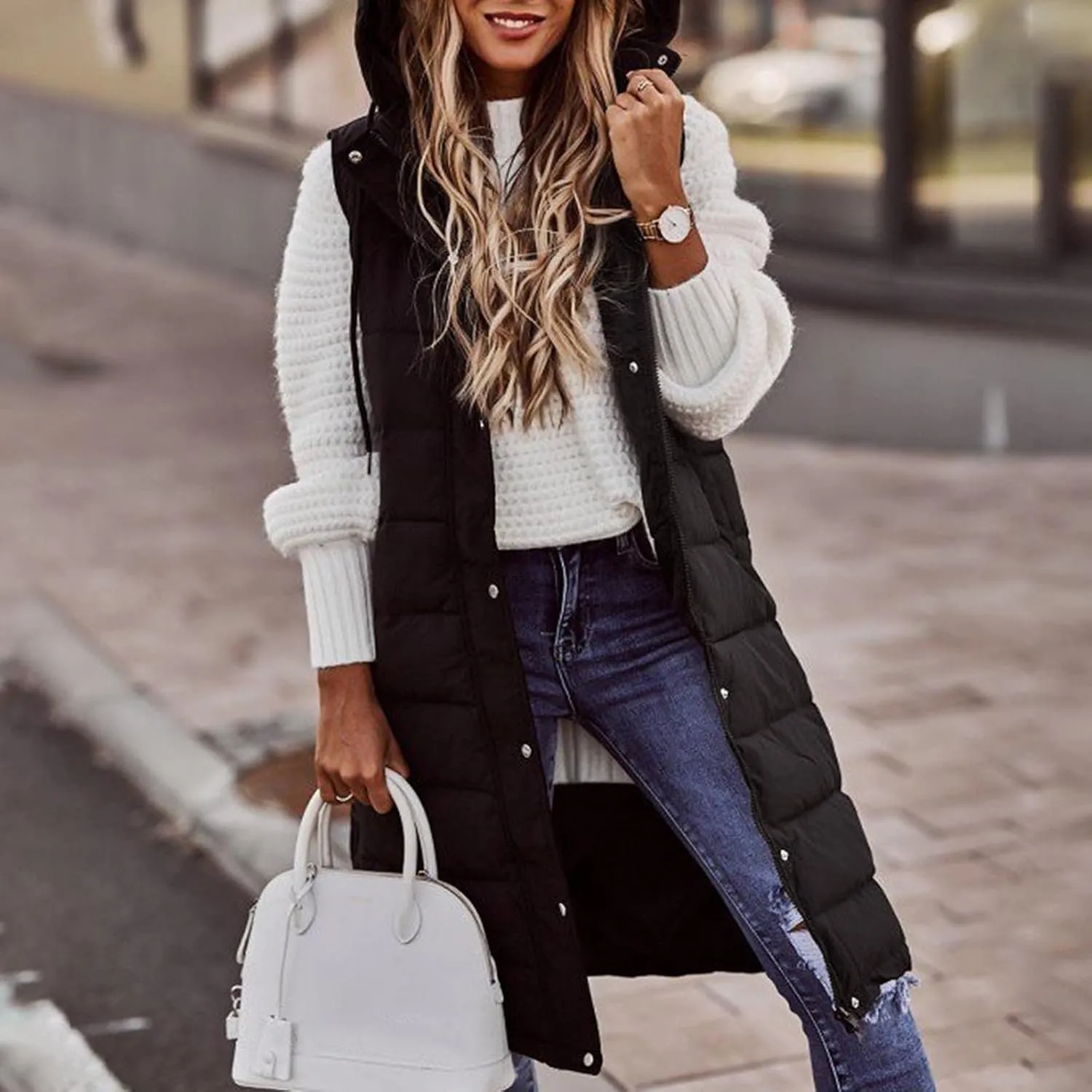 Long Puffer Vest Winter Coat Vest Hooded Sleeveless Warm Cotton Coat with Pockets Vest Cotton Quilted Down Hoodies