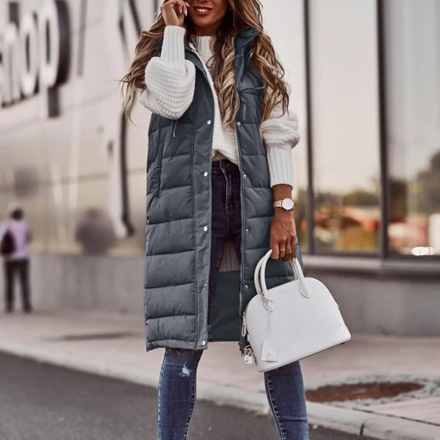 Long Puffer Vest Winter Coat Vest Hooded Sleeveless Warm Cotton Coat with Pockets Vest Cotton Quilted Down Hoodies