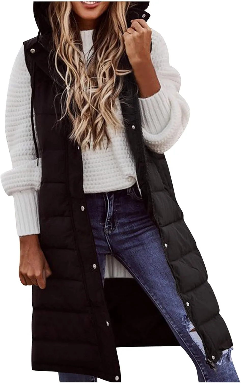 Long Puffer Vest Winter Coat Vest Hooded Sleeveless Warm Cotton Coat with Pockets Vest Cotton Quilted Down Hoodies