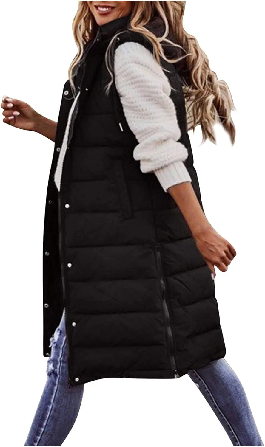 Long Puffer Vest Winter Coat Vest Hooded Sleeveless Warm Cotton Coat with Pockets Vest Cotton Quilted Down Hoodies