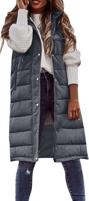 Long Puffer Vest Winter Coat Vest Hooded Sleeveless Warm Cotton Coat with Pockets Vest Cotton Quilted Down Hoodies