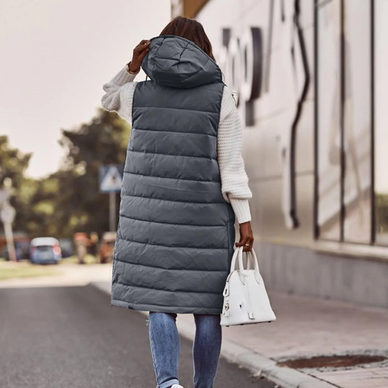 Long Puffer Vest Winter Coat Vest Hooded Sleeveless Warm Cotton Coat with Pockets Vest Cotton Quilted Down Hoodies