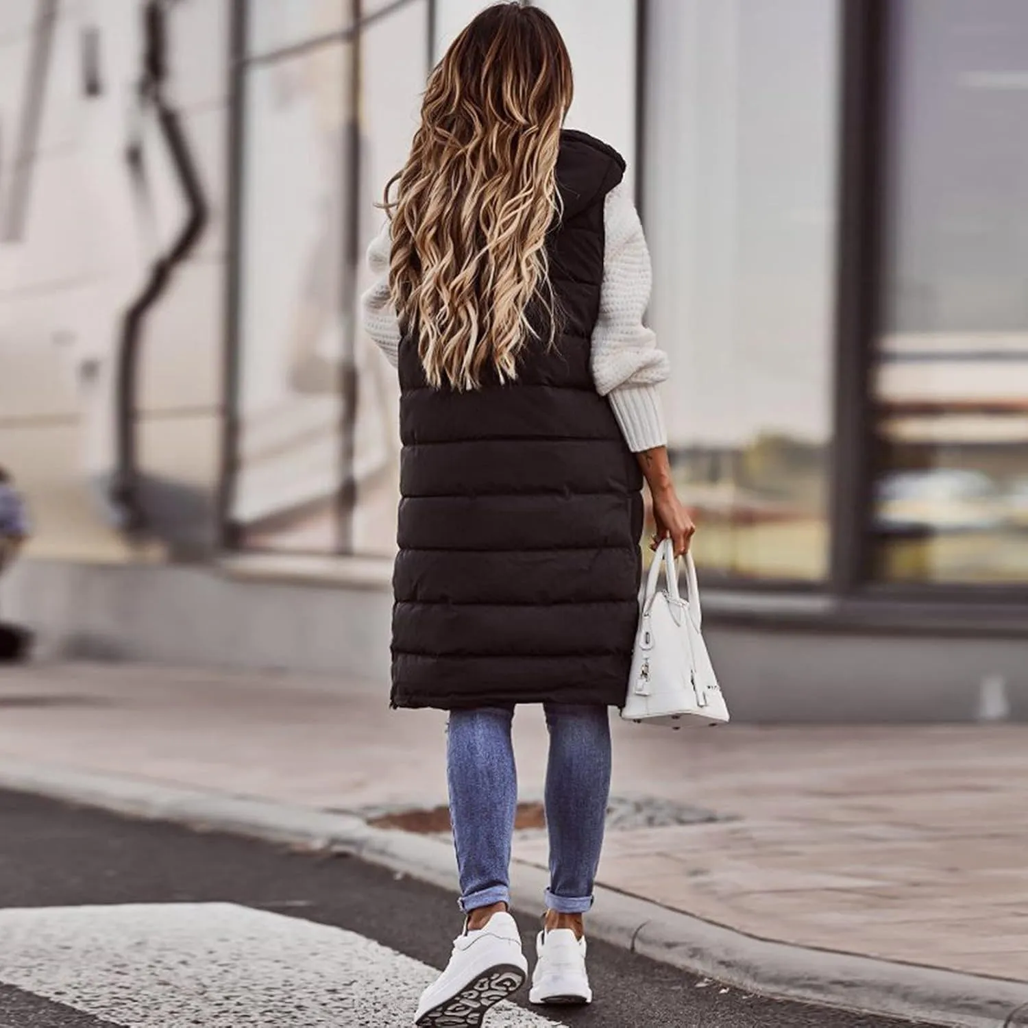 Long Puffer Vest Winter Coat Vest Hooded Sleeveless Warm Cotton Coat with Pockets Vest Cotton Quilted Down Hoodies
