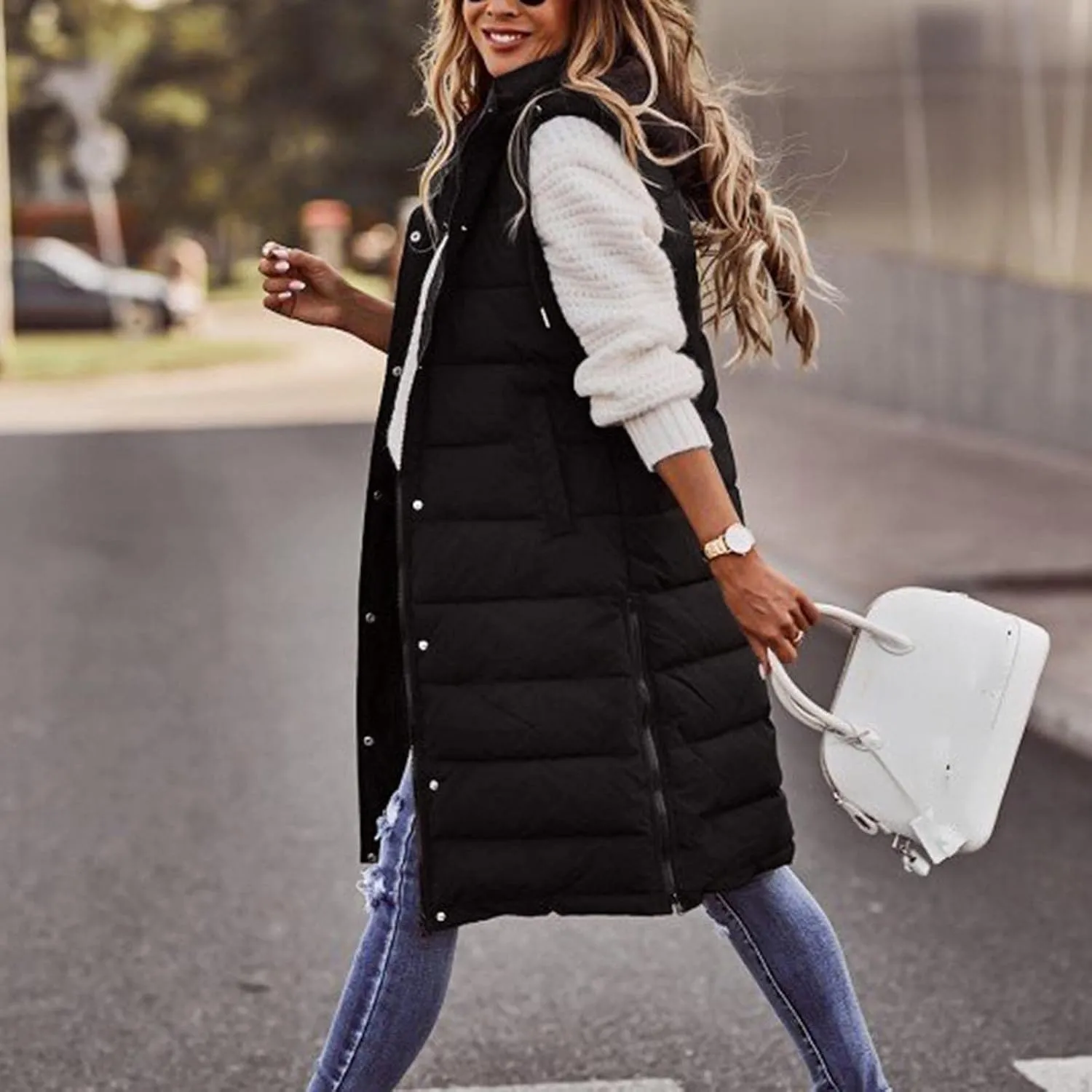 Long Puffer Vest Winter Coat Vest Hooded Sleeveless Warm Cotton Coat with Pockets Vest Cotton Quilted Down Hoodies