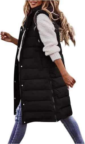 Long Puffer Vest Winter Coat Vest Hooded Sleeveless Warm Cotton Coat with Pockets Vest Cotton Quilted Down Hoodies