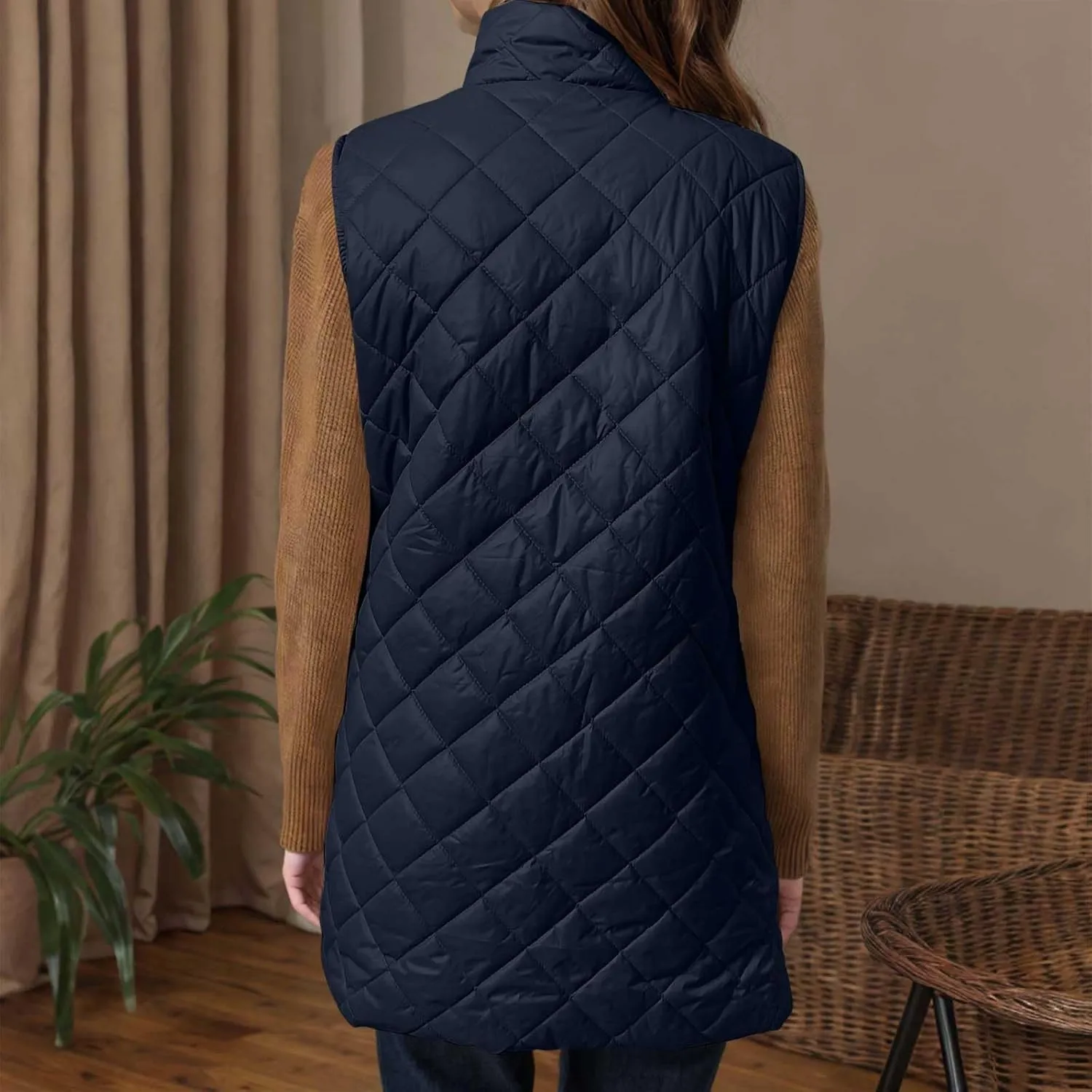 Long Puffer Vest Women Winter Quilted Coat Sleeveless Warm Jackets Zip Up Fluffy Vests Stand Collar Puffy Coats