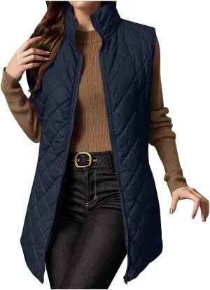 Long Puffer Vest Women Winter Quilted Coat Sleeveless Warm Jackets Zip Up Fluffy Vests Stand Collar Puffy Coats