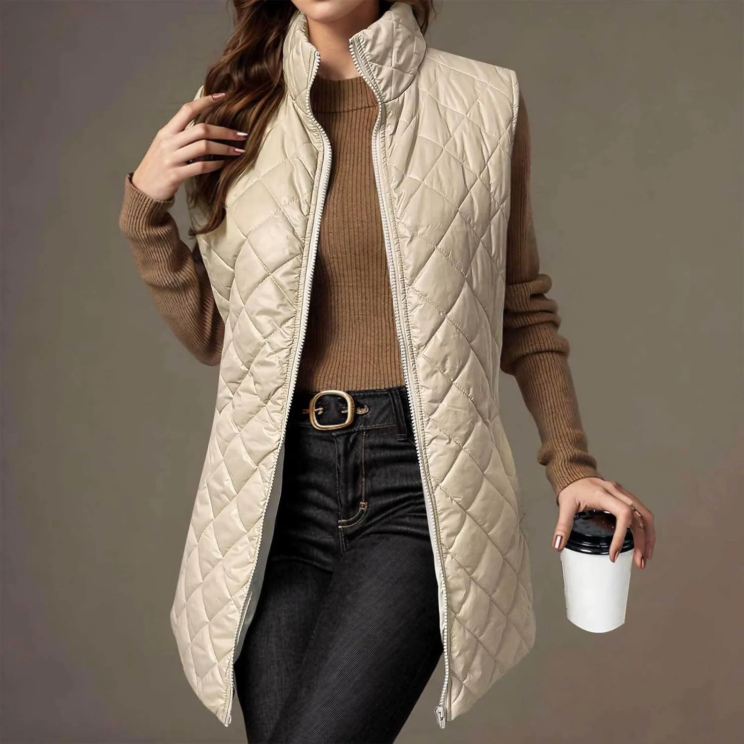 Long Puffer Vest Women Winter Quilted Coat Sleeveless Warm Jackets Zip Up Fluffy Vests Stand Collar Puffy Coats