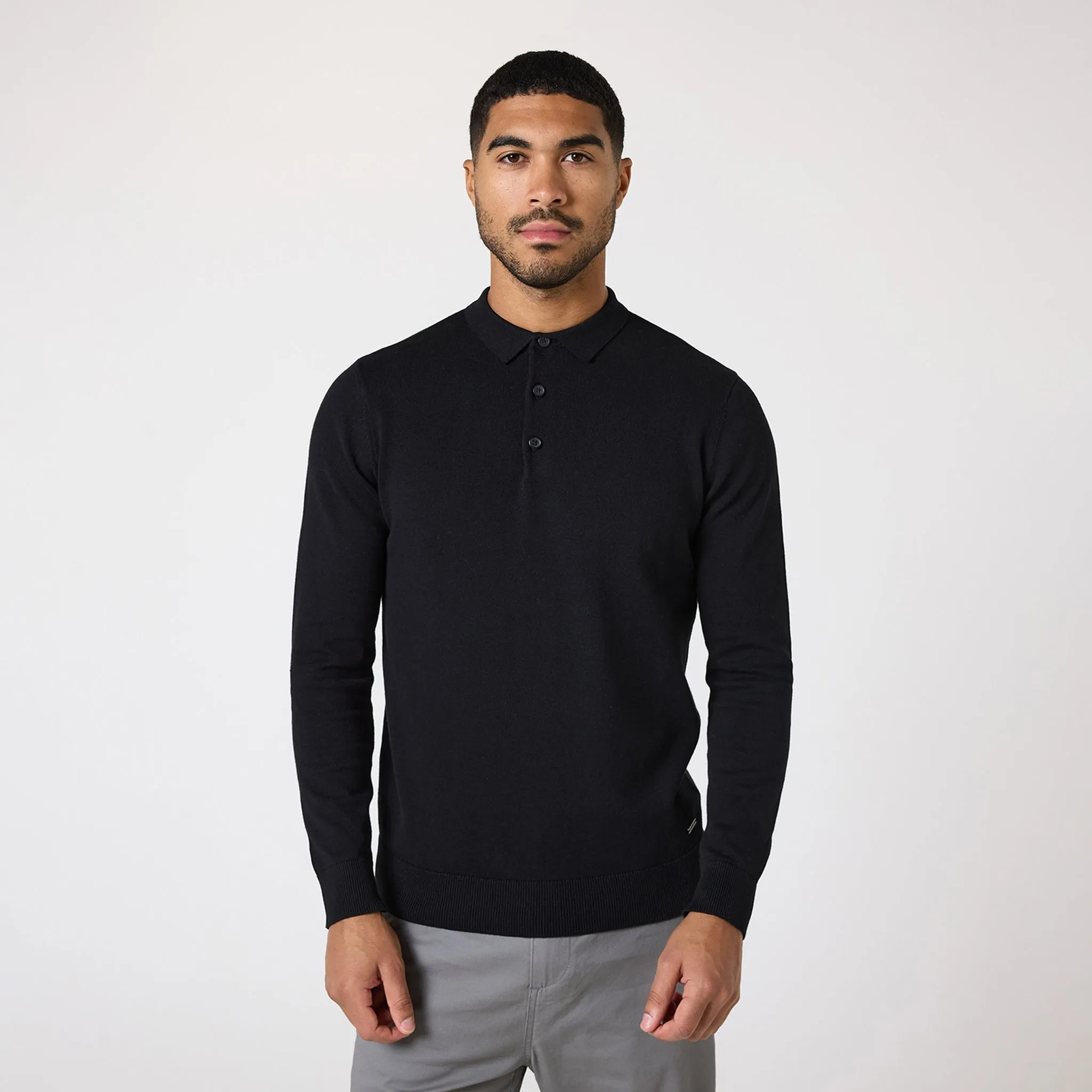 Long Sleeve Knitted Polo | Black