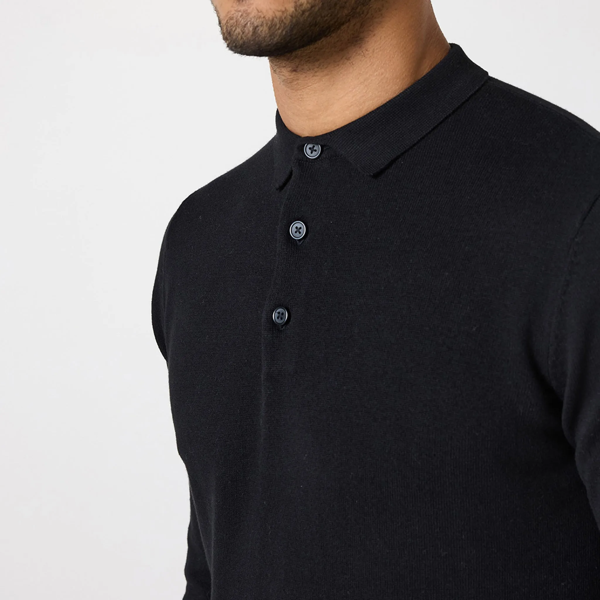 Long Sleeve Knitted Polo | Black