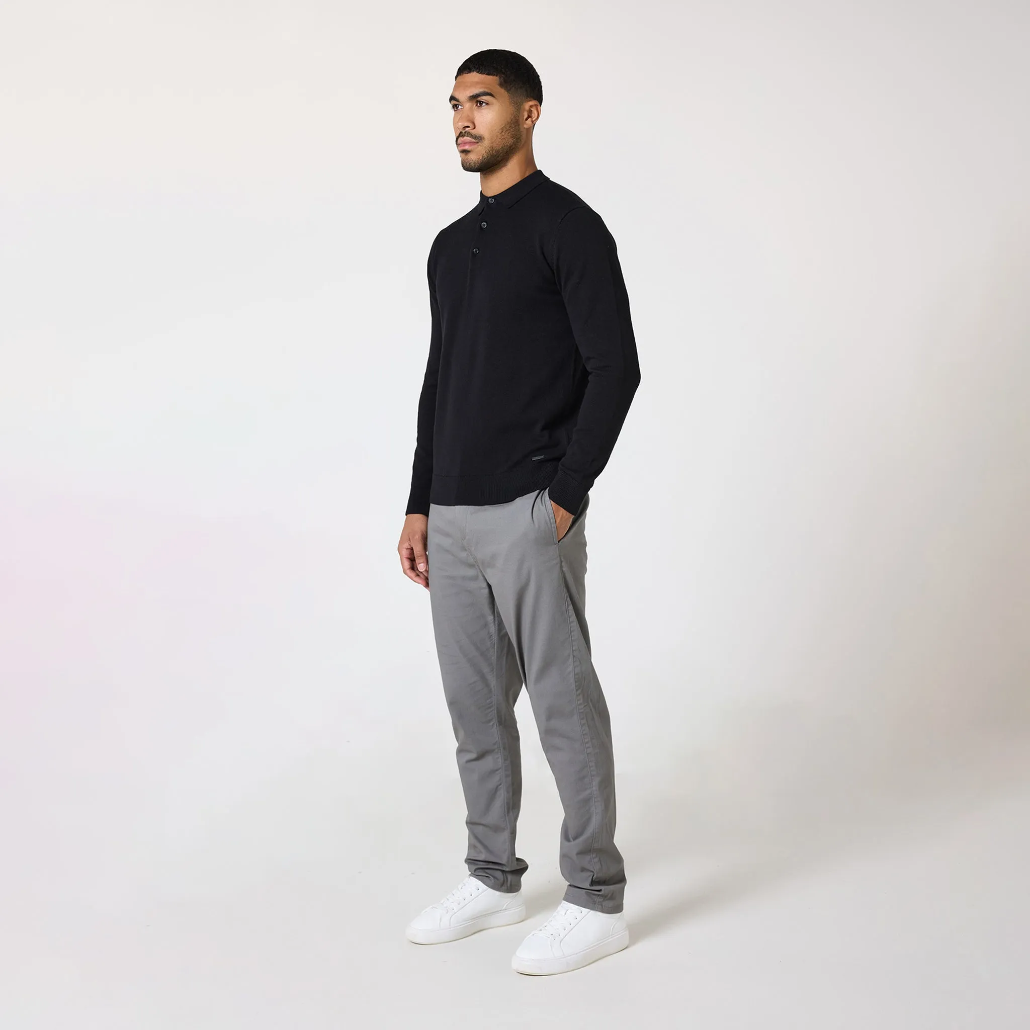 Long Sleeve Knitted Polo | Black