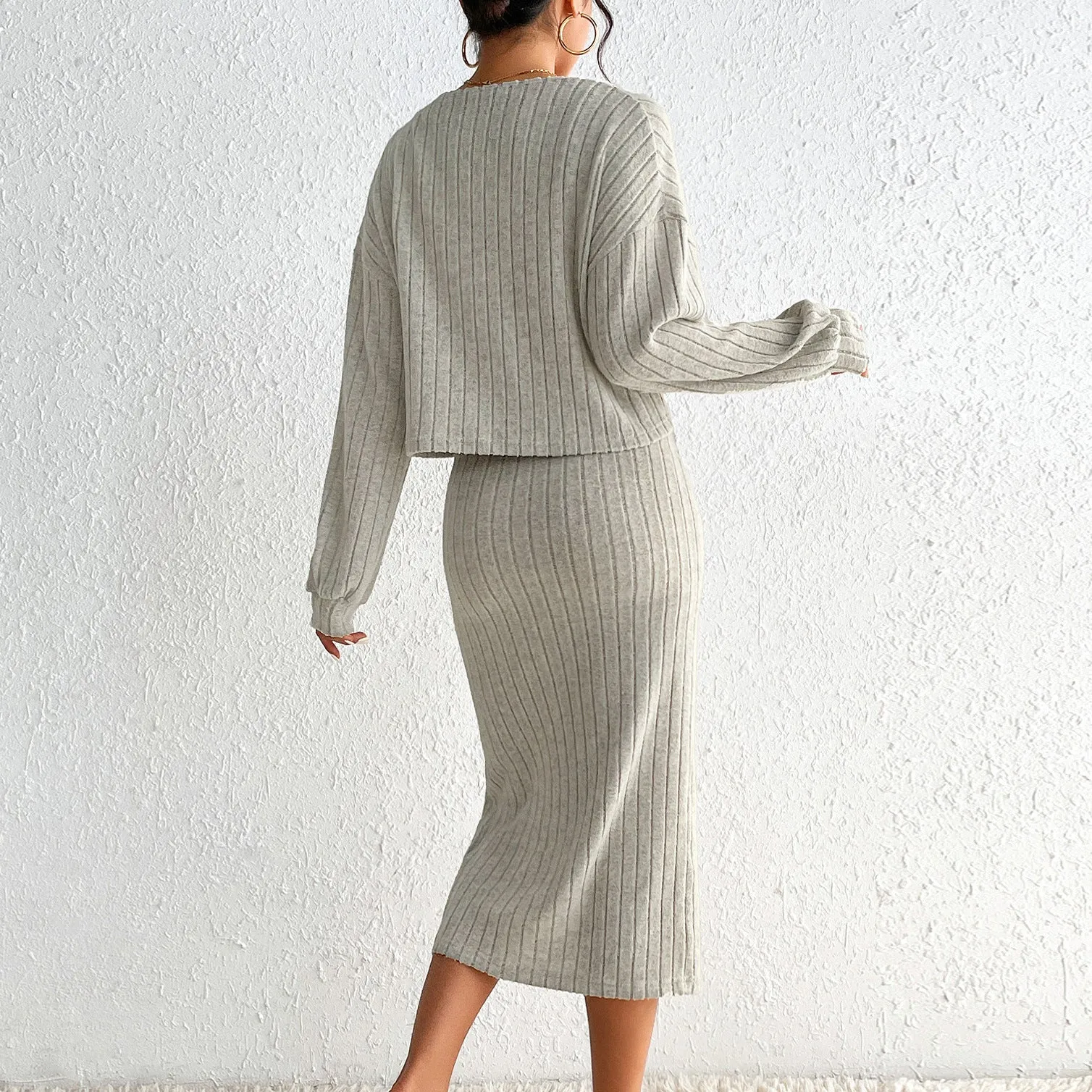 Long Sleeve Knitted Suspenders Coat Dress Two-piece Set