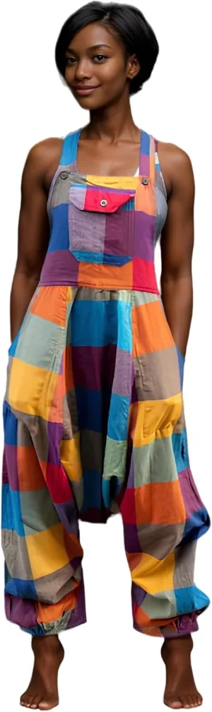 manakamana Patchwork Harem Summer Overalls with Pockets - Boho Loose Jumpsuit - Low crouch Baggy Romper - 100% cotton