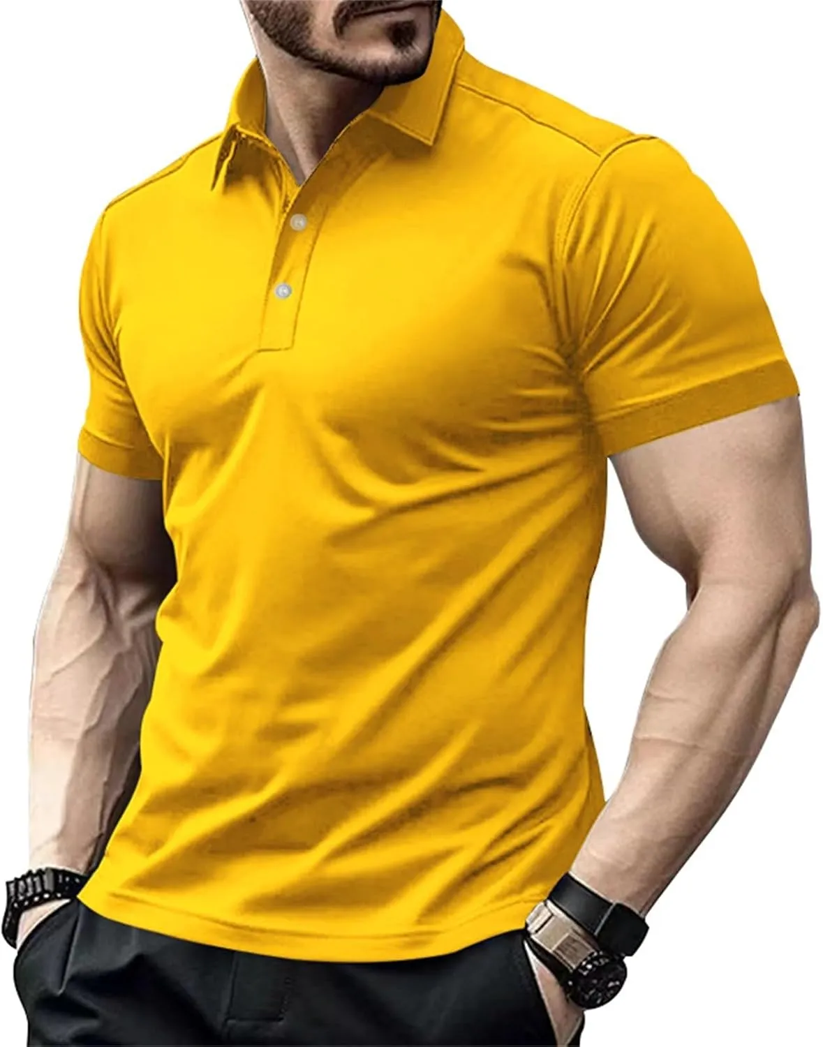 Men Polo Shirts Short Sleeve Plain Button Down Golf Tshirts Slim Muscle Tops Summer Moisture Wicking Clothes