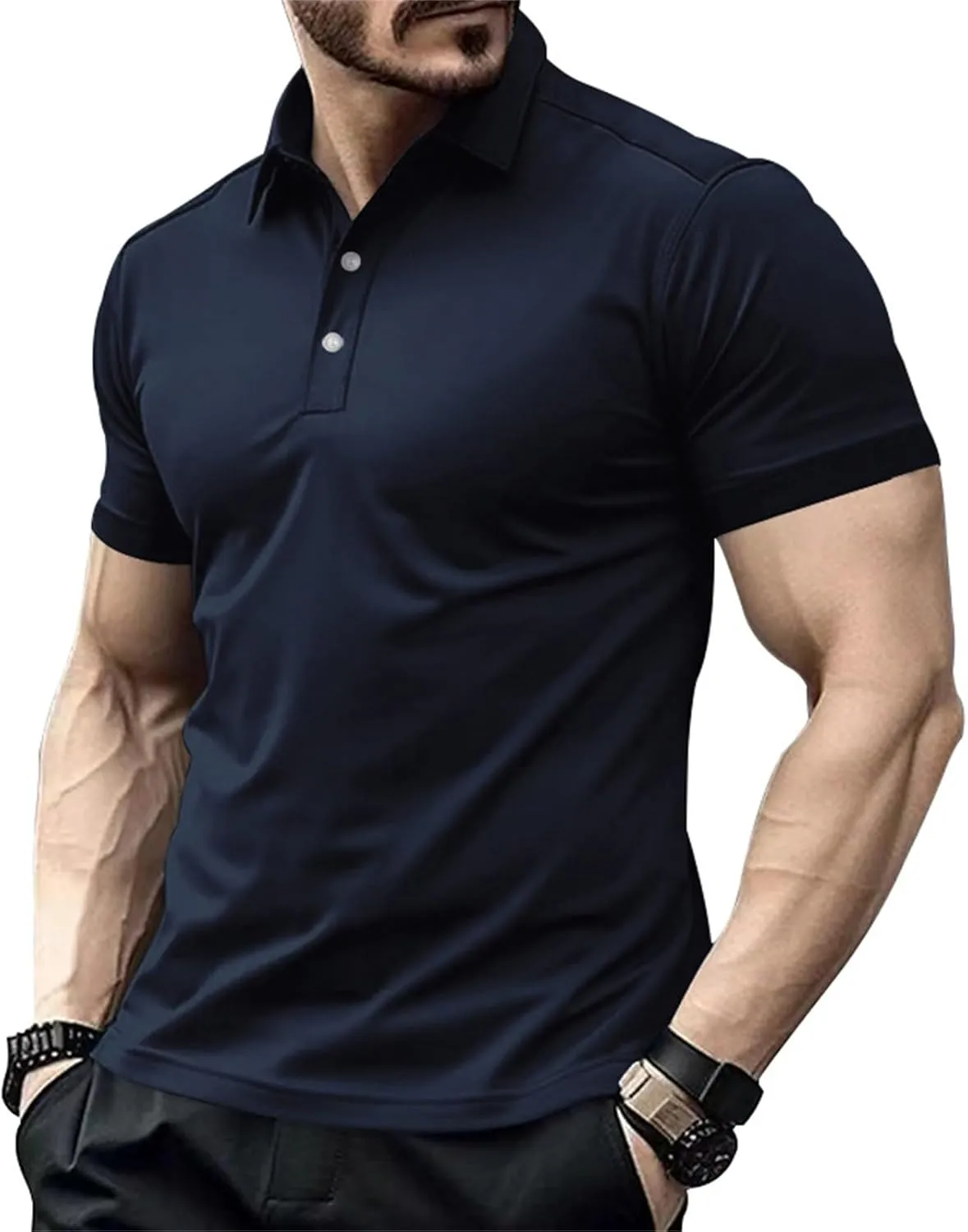 Men Polo Shirts Short Sleeve Plain Button Down Golf Tshirts Slim Muscle Tops Summer Moisture Wicking Clothes