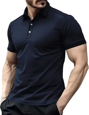 Men Polo Shirts Short Sleeve Plain Button Down Golf Tshirts Slim Muscle Tops Summer Moisture Wicking Clothes