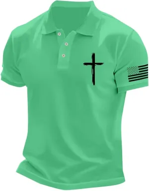 Mens 4th of July American Flag Polo Shirts Button Up Lapel Fashion Golf Shirts Cross Nail Embroidered Tops for Tennis