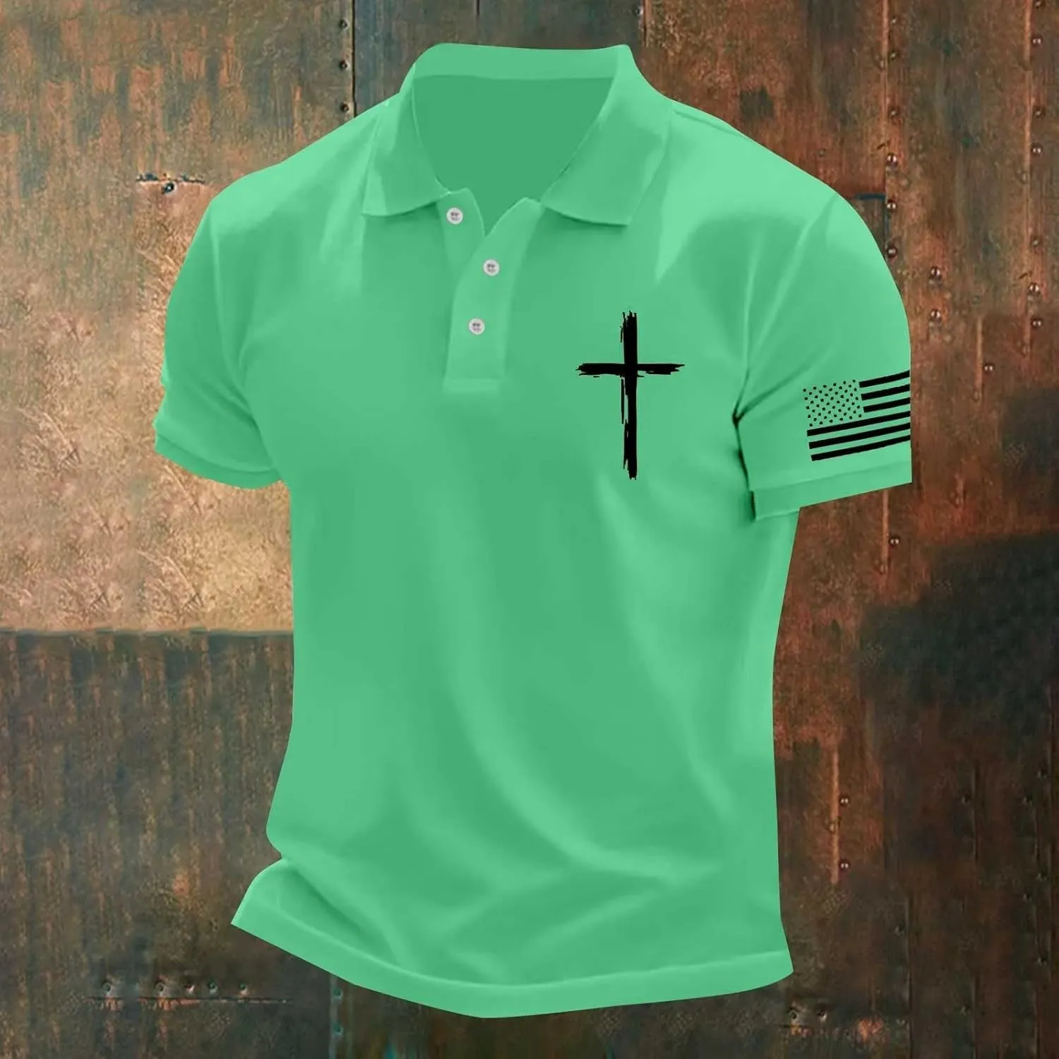 Mens 4th of July American Flag Polo Shirts Button Up Lapel Fashion Golf Shirts Cross Nail Embroidered Tops for Tennis