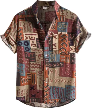 Mens Button Up Retro Linen Shirts Ethnic Aztec Short Sleeve Hawaiian Beach Shirts Casual Relaxed Fit Printed Shirt