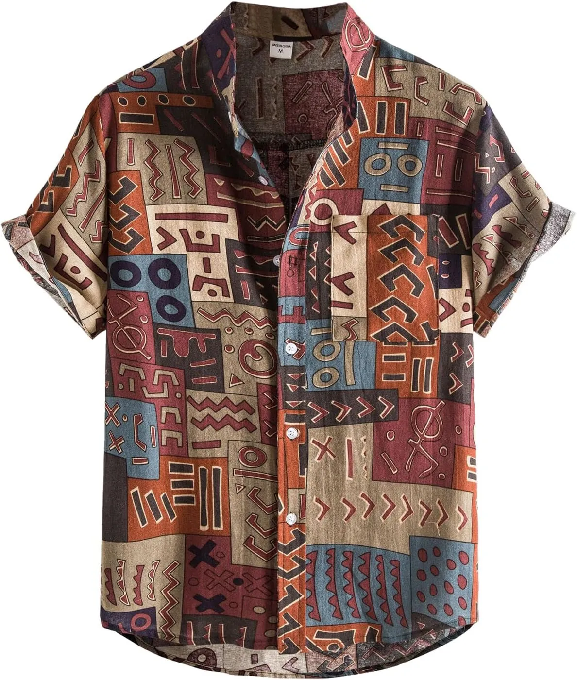 Mens Button Up Retro Linen Shirts Ethnic Aztec Short Sleeve Hawaiian Beach Shirts Casual Relaxed Fit Printed Shirt