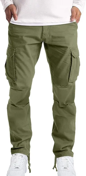Mens Casual Cargo Pants Pleated Elastic Waist Drawstring Stretch Relaxed Fit Work Pants with Multi-Pocket