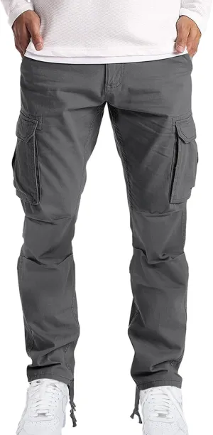 Mens Casual Cargo Pants Pleated Elastic Waist Drawstring Stretch Relaxed Fit Work Pants with Multi-Pocket
