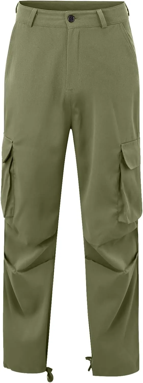 Mens Casual Cargo Pants Pleated Elastic Waist Drawstring Stretch Relaxed Fit Work Pants with Multi-Pocket