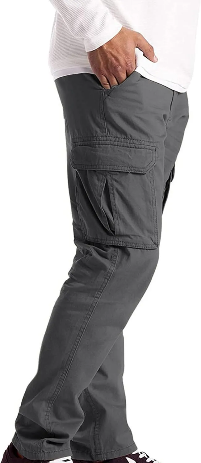 Mens Casual Cargo Pants Pleated Elastic Waist Drawstring Stretch Relaxed Fit Work Pants with Multi-Pocket