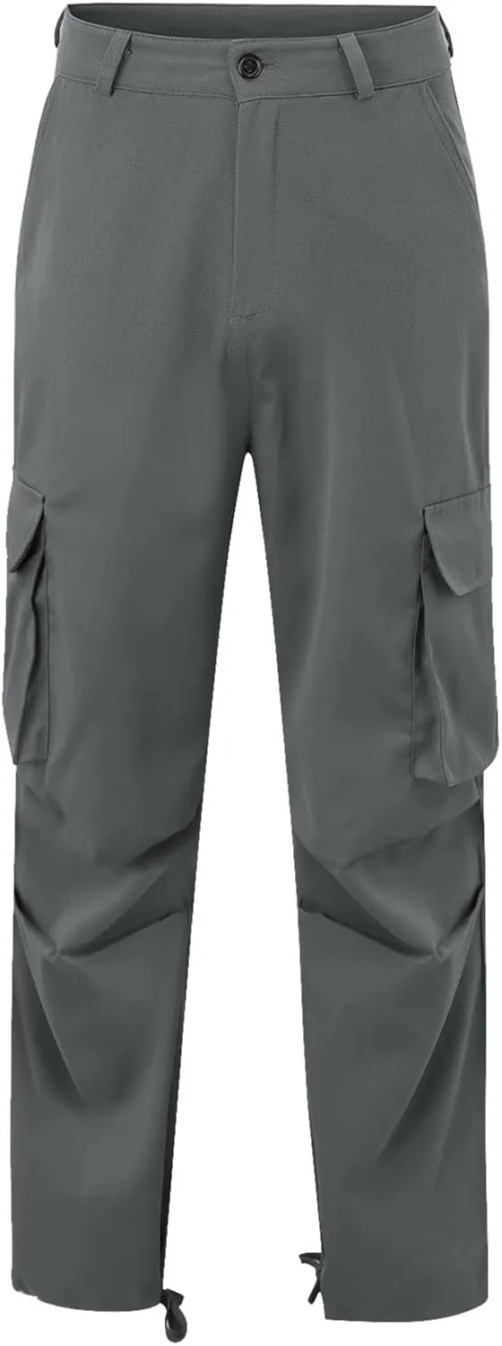 Mens Casual Cargo Pants Pleated Elastic Waist Drawstring Stretch Relaxed Fit Work Pants with Multi-Pocket
