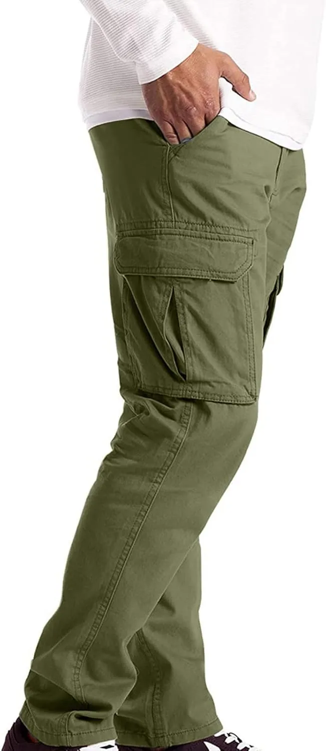 Mens Casual Cargo Pants Pleated Elastic Waist Drawstring Stretch Relaxed Fit Work Pants with Multi-Pocket