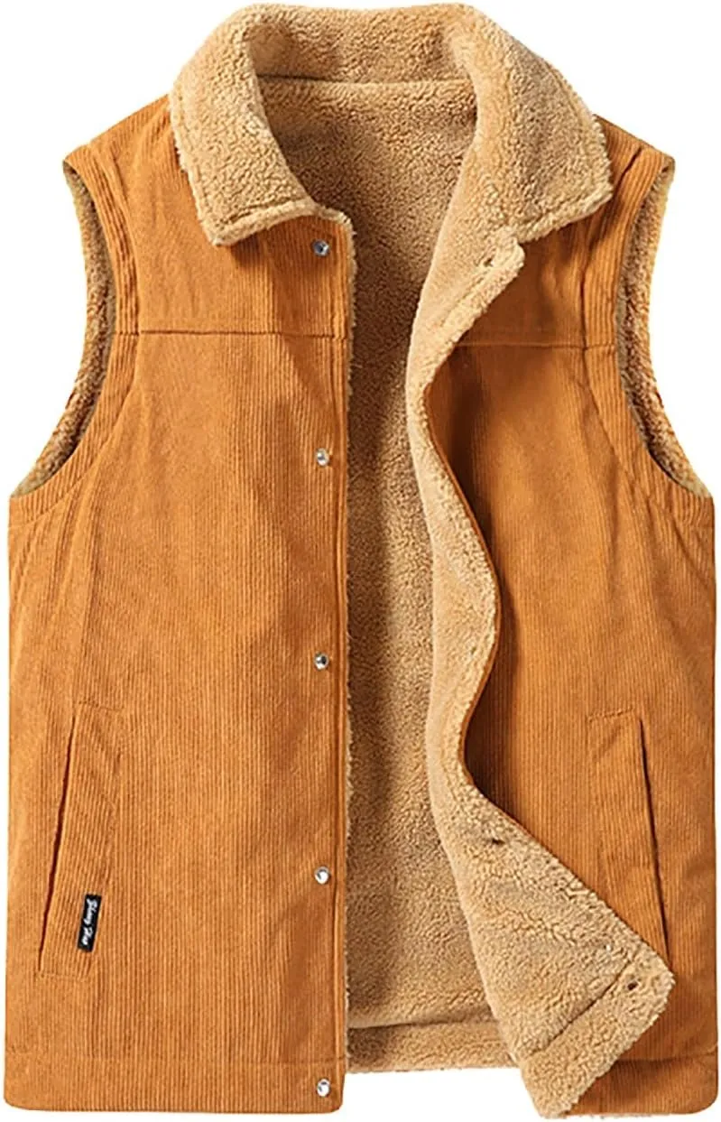 Mens Corduroy Fleece Vests Sherpa Lined Puffer Winter Warm Outdoor Outerwear Padded Sleeveless Jacket with Pockets