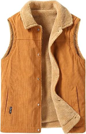 Mens Corduroy Fleece Vests Sherpa Lined Puffer Winter Warm Outdoor Outerwear Padded Sleeveless Jacket with Pockets
